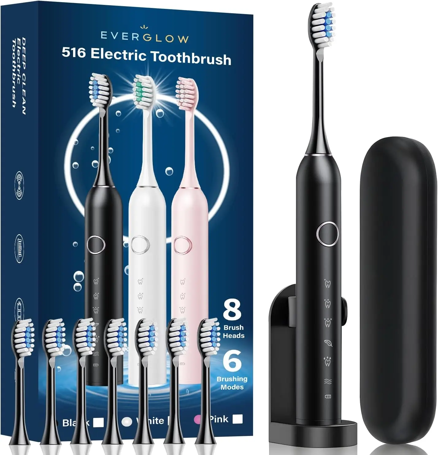 Premium Quality, Insanely Cheap! Everglow Electric USB Charging Toothbrush, 1 Count Soft Bristles Toothbrushes & 4 Counts Brush Head & 1 Count Charging Cable, Intelligent Cleaning Toothbrushes, Gift