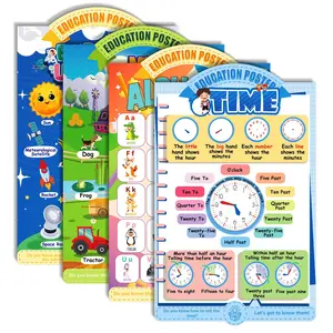 Children Early Education Wall Posters Set, Farm Animals Alphabet Clock Cognitive Learning Charts, 4 Pieces Per Set