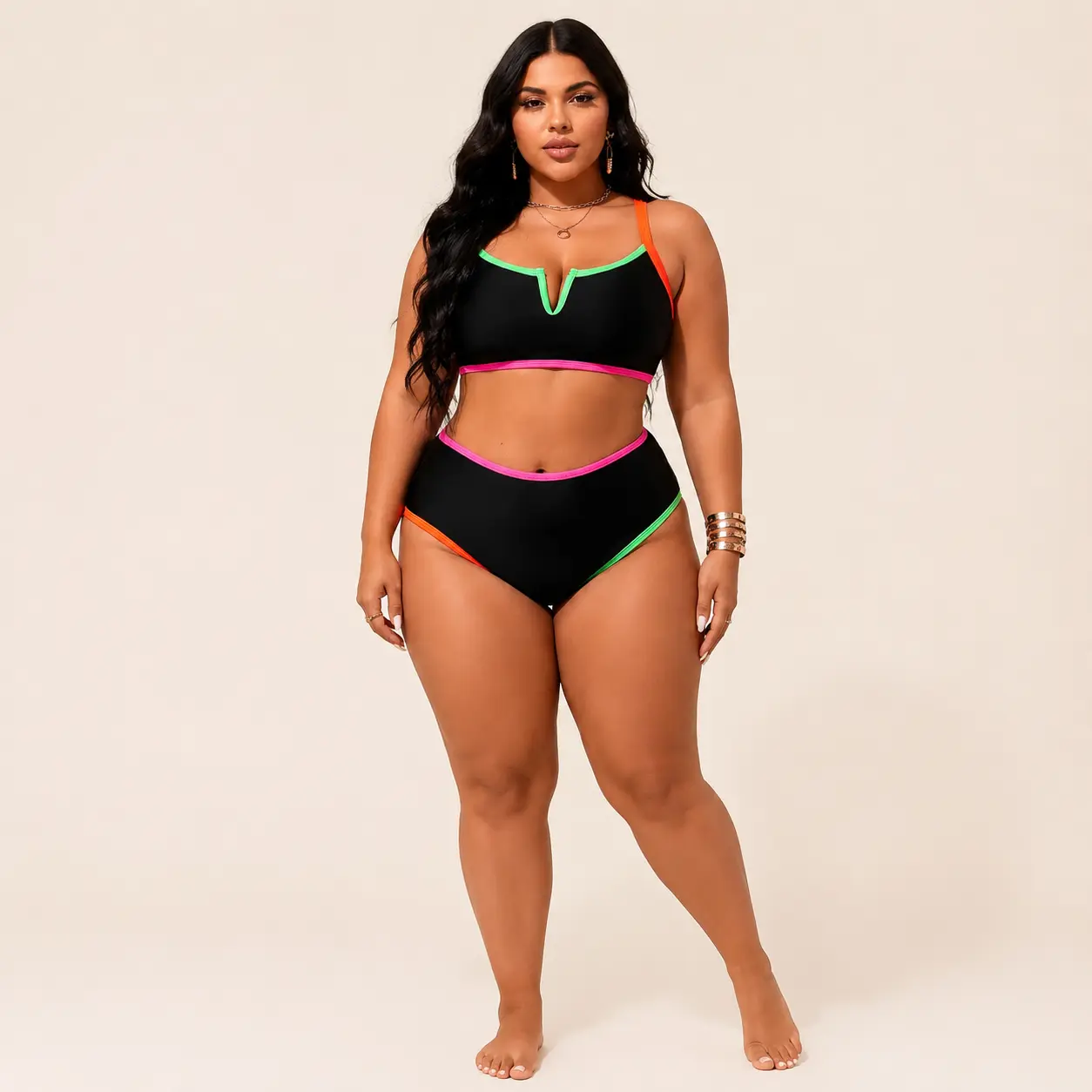 Plus Size Colorblock Bikini Set for Women, Black High Waisted Two Piece Swimsuit with Neon Contrast Trim, Crop Swim Top with Front V Notch Neckline, Curve Swimwear 0XL 1XL 2XL 3XL 4XL Resort Pool Beach Bathing Suit