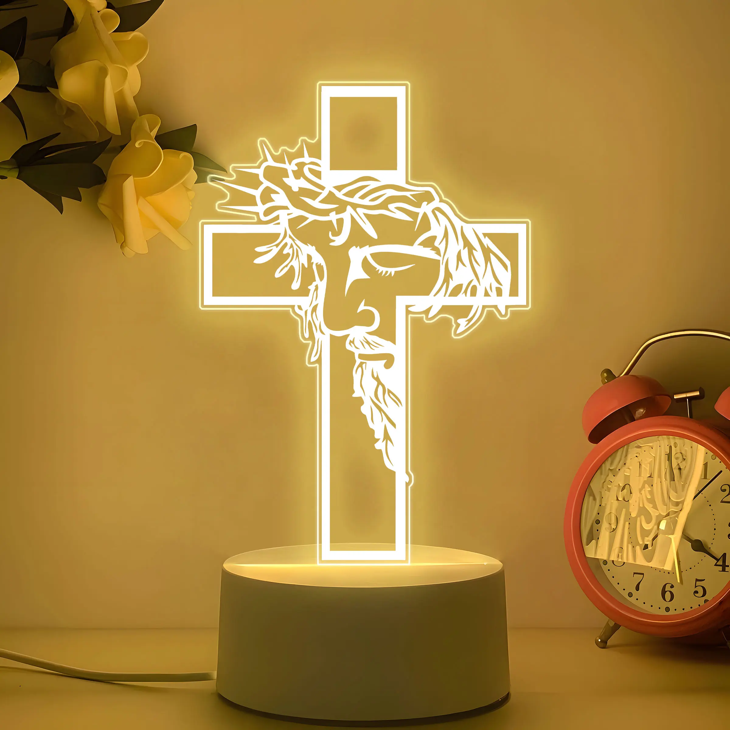 Acrylic Material Decorative Night Light, Religious Symbol Cross LED Lit Warm Color Lamp, USB Powered Energy Saving Night Light for Home Desktop and Bedroom Decoration Decorative Lighting, Nightlight For Bedroom, Bedside Night Light, Led Night Lights