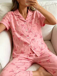 Women's Short Sleeve Button Down Top and Pants Pajama Set, All Season Wear, For Balletcore Lovers, Light Pink Base Ballet Bow Heart Print, Classic Lapel Collar, Loose Fit, Comfortable For Home & Photos Home Loungewear