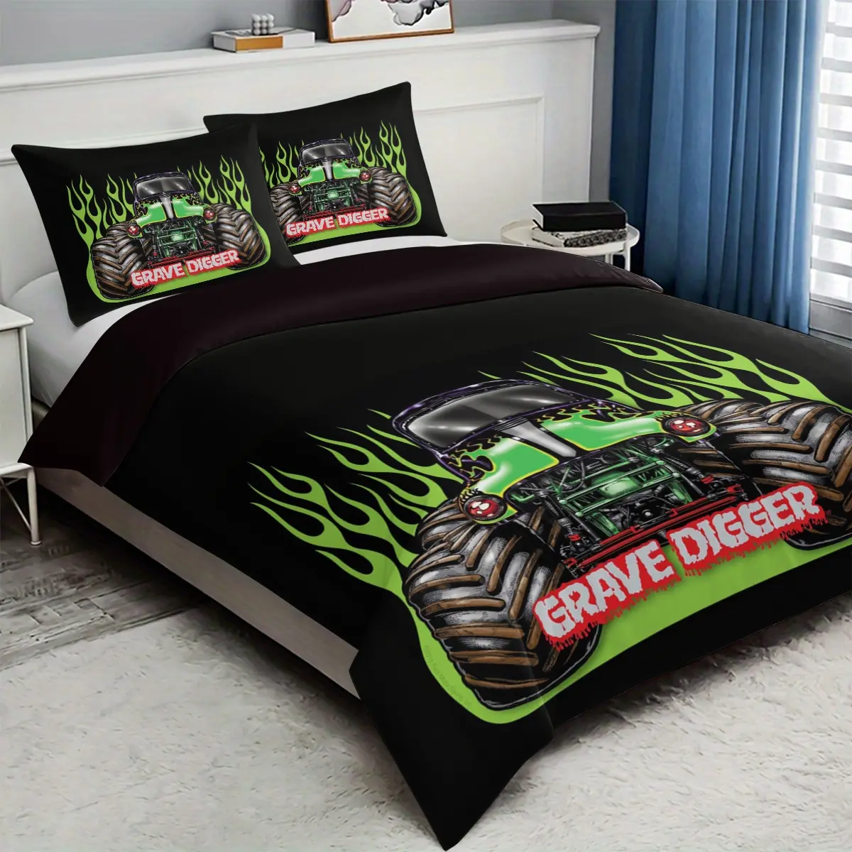 Monster Truck Gravedigger Print Bedding Set, Printed Bedding Set, Bed Sheet Sets, Decorative Bedding Set, 3-Piece Includes 1 Fitted Sheet + 2 Pillowcases, Soft Material Comfortable Bedroom Linen, Bedsheet Sets
