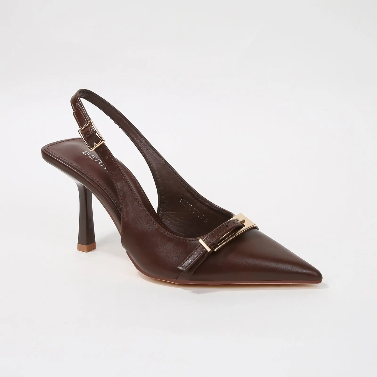 Women's Slingback Heel Sandals - Pointed Stiletto, Coraline Vegan Leather, Gold Buckle Footwear, Stylish Party Shoes