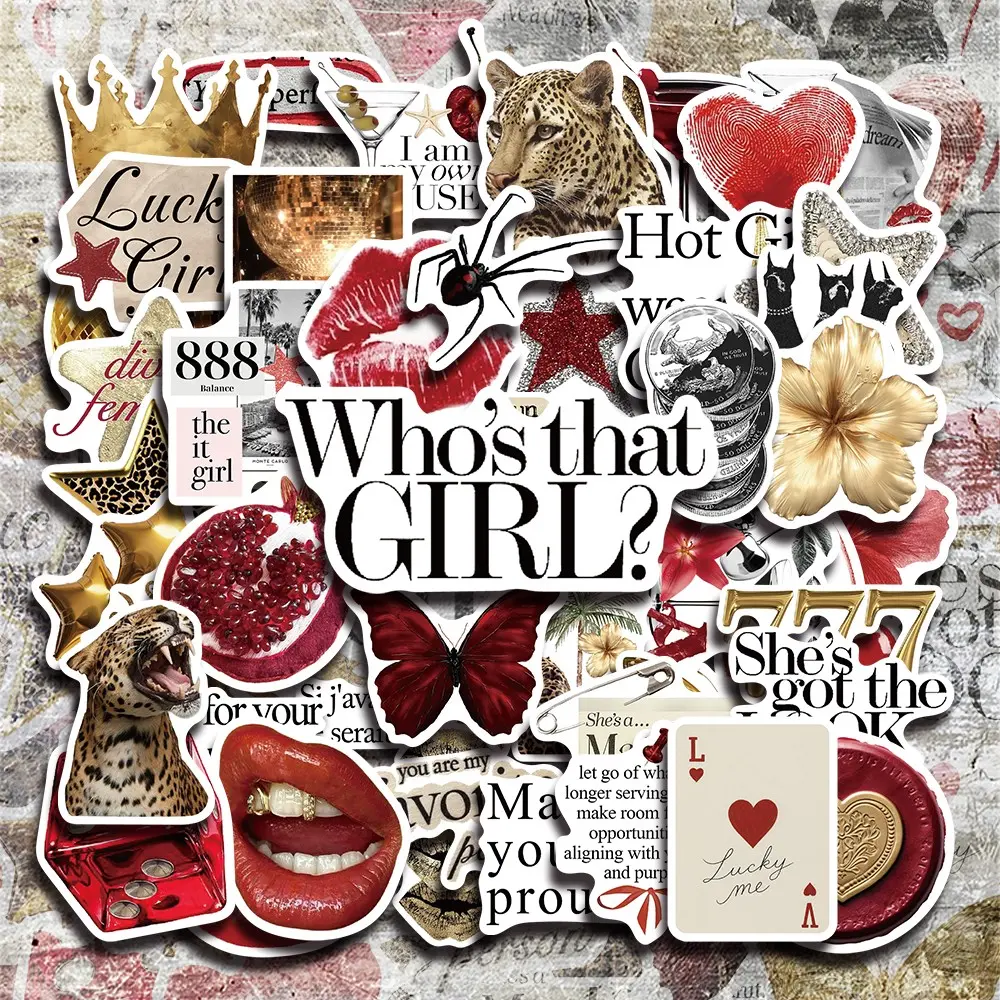 50PCS Gold and Red Aesthetic Stickers Pack, Luxury Color Art Style Vinyl Stickers for Laptop Water Bottle Phone Case Skateboard Journal Scrapbook DIY Decoration