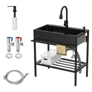 Huxhwsi Freestanding Stainless Steel Utility Sink with Cabinet, Hot & Cold Water Faucet, Drain Kit for Laundry Room, Garage, Bathroom or Outdoor Use