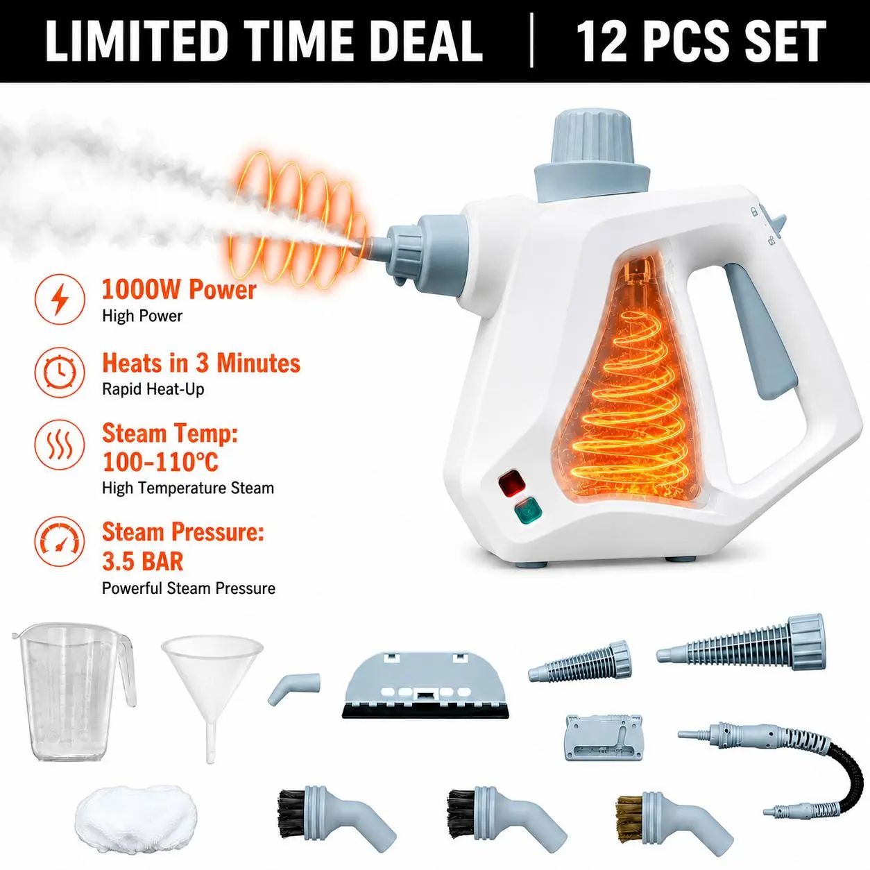 Handheld Steam Cleaner for Home, Pressurized Portable Steamer for Cleaning with 12 Accessories for Multi-Surface Cleaning, Floors, Tiles, Kitchen, Bathroom, Couch&Car(Light Gray Cap&Light Grey Handle)