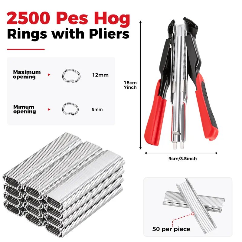 GJANSH 100 PCS/2500 PCS C Clips Hog Ring Pliers Kit, 3/4'' Hog Ring Nail, Fencing Plier Staple Gun Cage Clamp for Animal Pet Cages Fencing, Upholstery, Car Cushions, Meat and Sausage Casings