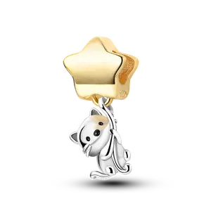 MULA 925 Silver-plated Cat Scratching Star Charm, 18K Gold Plated, Cute Pet Jewelry, Best Gift for Girls and Women