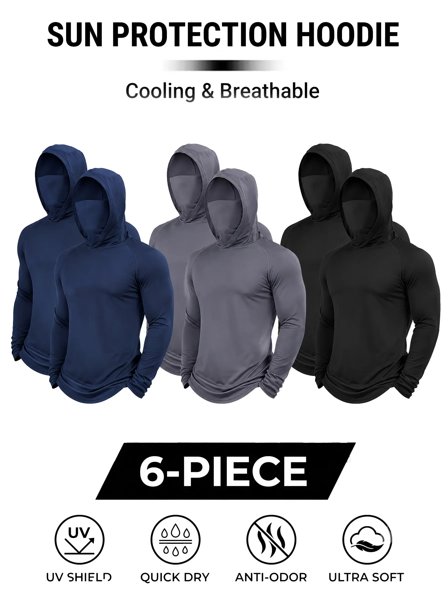 Men’s Tactical Performance Hoodie Set: 6-Pack with Built-in Grayscale City Camo Masks