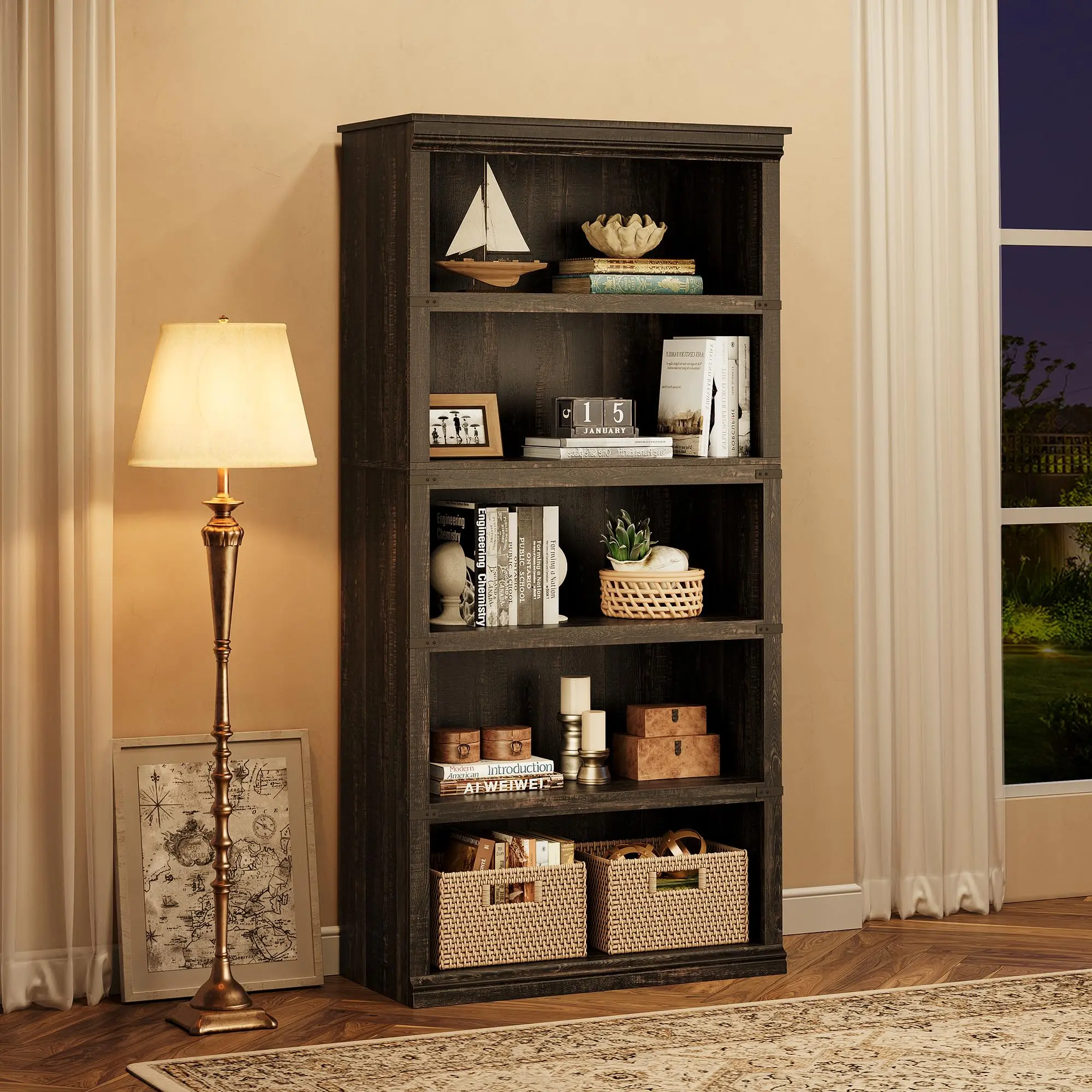 GARVEE Dark Oak 5 Tier Bookcase,Farmhouse Book Shelf with Storage Open Display Bookshelves,67.4" Tall Book Case Wooden 5 Shelf Bookcase Home Decor Furniture for Home Office, Living Room,Bed Room