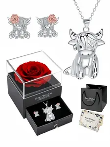 To My Favorite Cow Lover: Highland Cow Jewelry Set Necklace Bracelet Set in Eternal Rose Drawer Box - Meaningful Birthday Gift for Her, Mom, Daughter - Ready-to-Gift Set