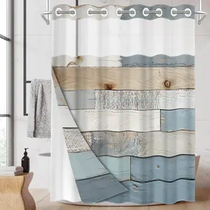 1pc hookless shower curtain with buckle lining, blue, white and gray wood paneling design, 2D flat printing, fabric waterproof lining, see-through double-layer shower curtain, 71 x 74 inches, modern home draping curtain.