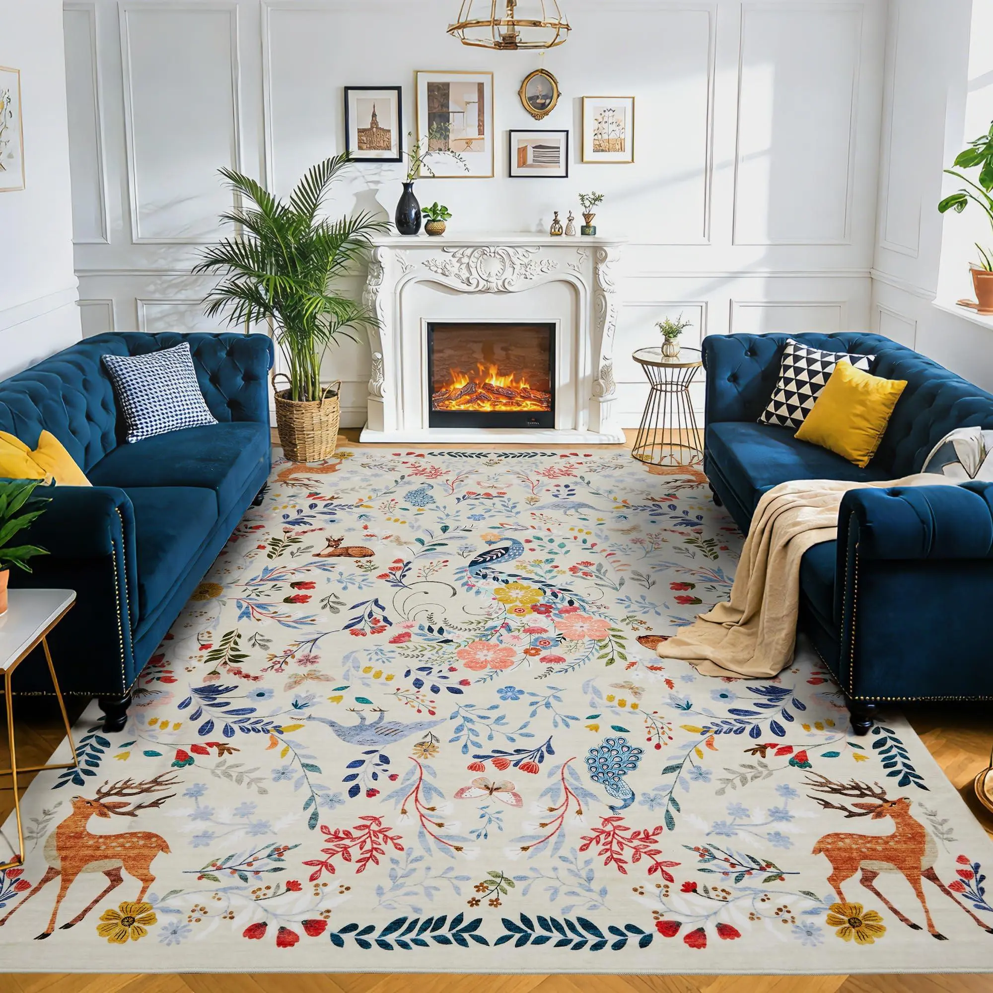 5x7 Washable Area Rug, Non-Slip Low Pile Stain Resistance Rug with Peacock and Deer, Animal Carpet for Living Room, Bedroom, Dining Room, Beige