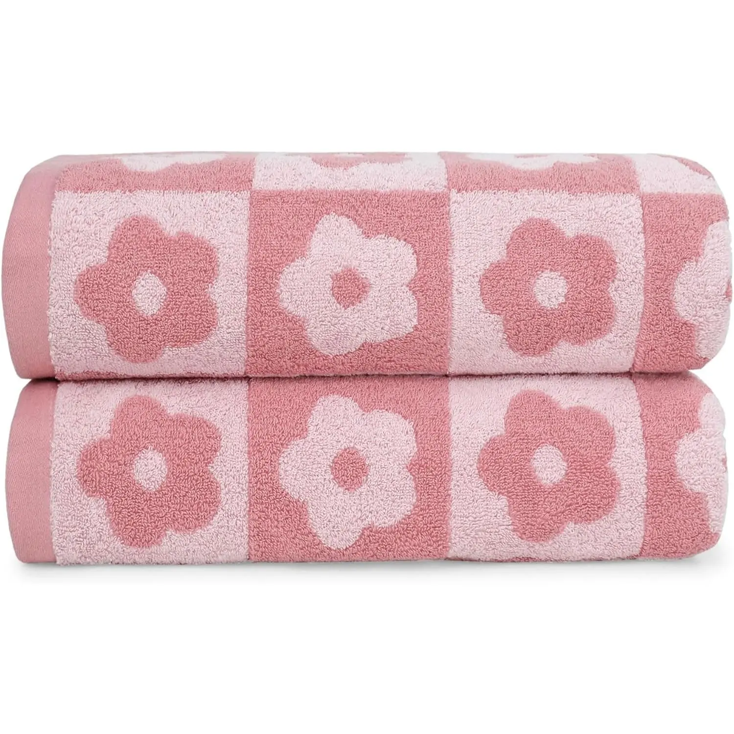 2-Pieces Luxury Bath Towels Checkered Floral, Pink Towels for Women Girls Shower  27.5x55 Inches, Cute Decor for Bathroom & Pool Days, Cotton