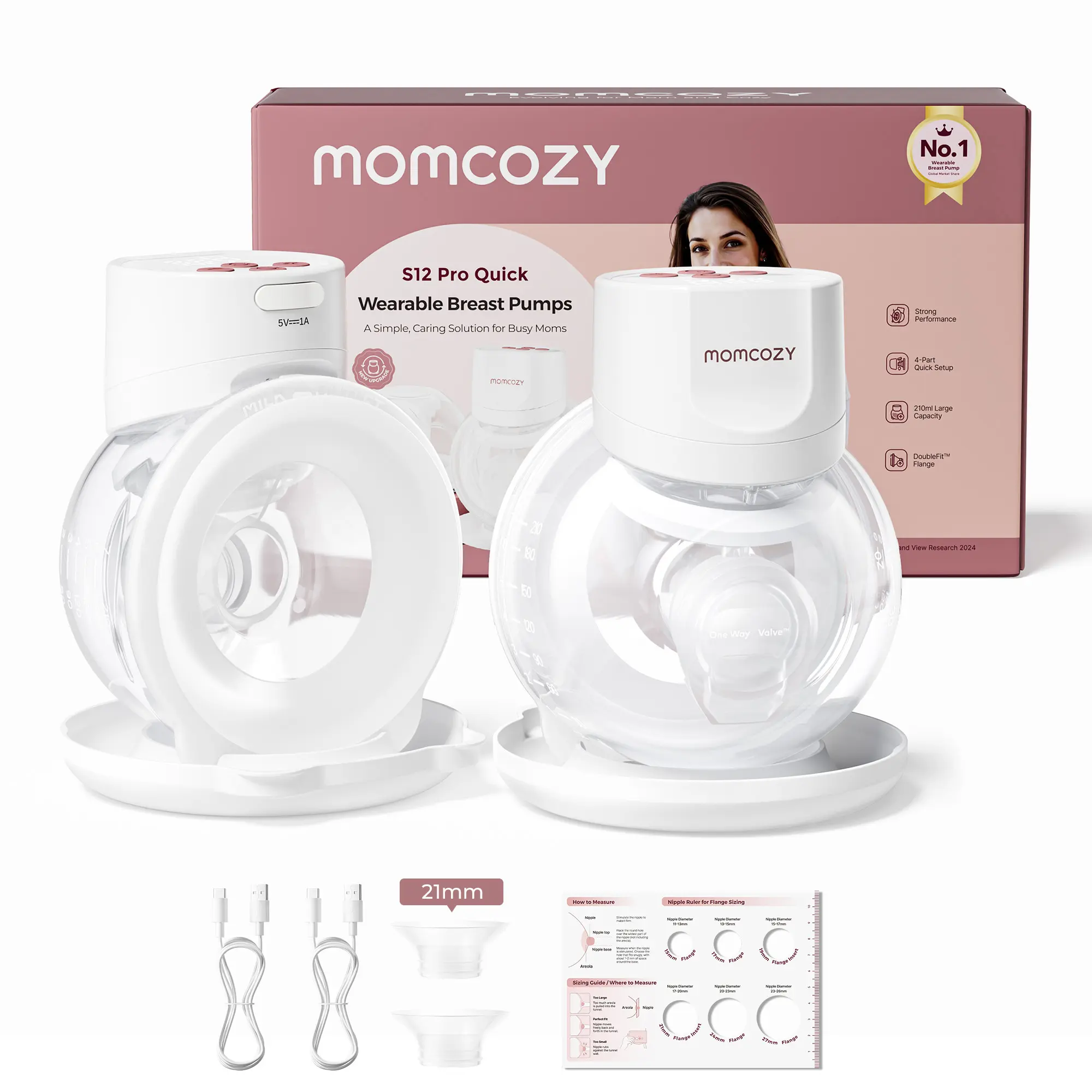 Momcozy Breast Pump S12 Pro Quick, Hands-Free Wearable & Wireless Pump, with DoubleFit Hybrid Flange, 3 Modes & 9 Levels Electric Pump Portable, Smart Display, 24mm Flange