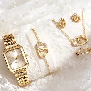 Women's Quartz Watch Set, Square Case, Alloy Strap, Includes Necklace Bracelet Earrings, Elegant Jewelry Gift for Her