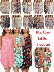 【Flash Sale】Women's Valentine Heart Pajama Set, Plus Size Curvy Fit 3-Pack Sleeveless Tank Loungewear Nightdresses, Breathable Floral Sleepwear (1XL-5XL Assorted Prints, Blue) | Plus Size Clothes, Curvy Clothing, Pajamas Sets for Women, All Seasons