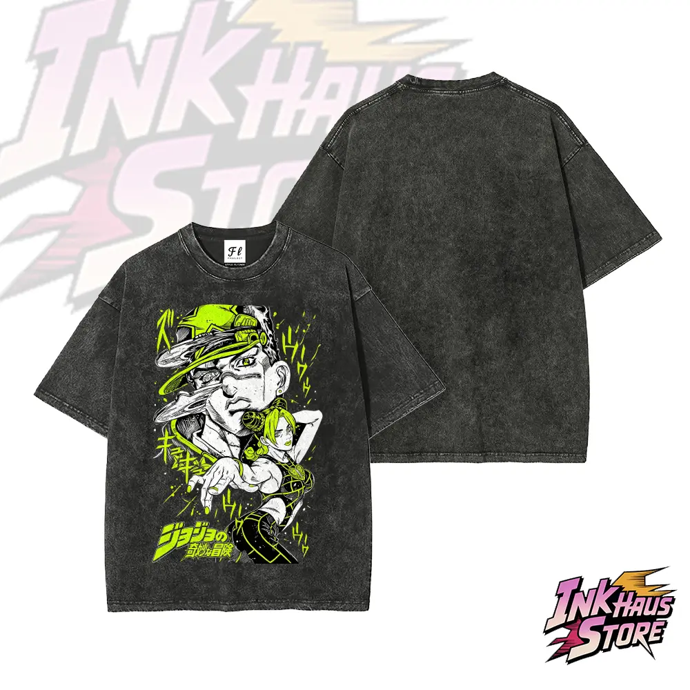 JOJO's Bizarre Adventure Stone Ocean Jotaro & Jolyne Cujoh--Short Sleeve Cotton Unisex Retro wash Tee
