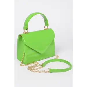 Enamel Faux Leather Top Handle Bag - Neon Green, Sleek & Elegant Design, High-Gloss Finish, Mixed Metal Accents, Perfect for Evening Events