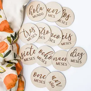 Spanish Wooden Monthly Milestone Disc Baby Shower New Mom dad Parent Gift Newborn Photo Props Birth Announcement Pregnancy Cards