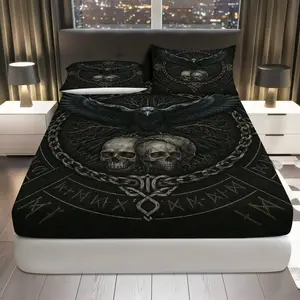 3Pcs Gothic Viking Skull Fitted Sheet Three Piece Set (1*Fitted Sheet+2*Pillowcases, Coreless), Halloween theme, Nordic Black Raven Bedding Set, Mattress protector Soft, Breathable