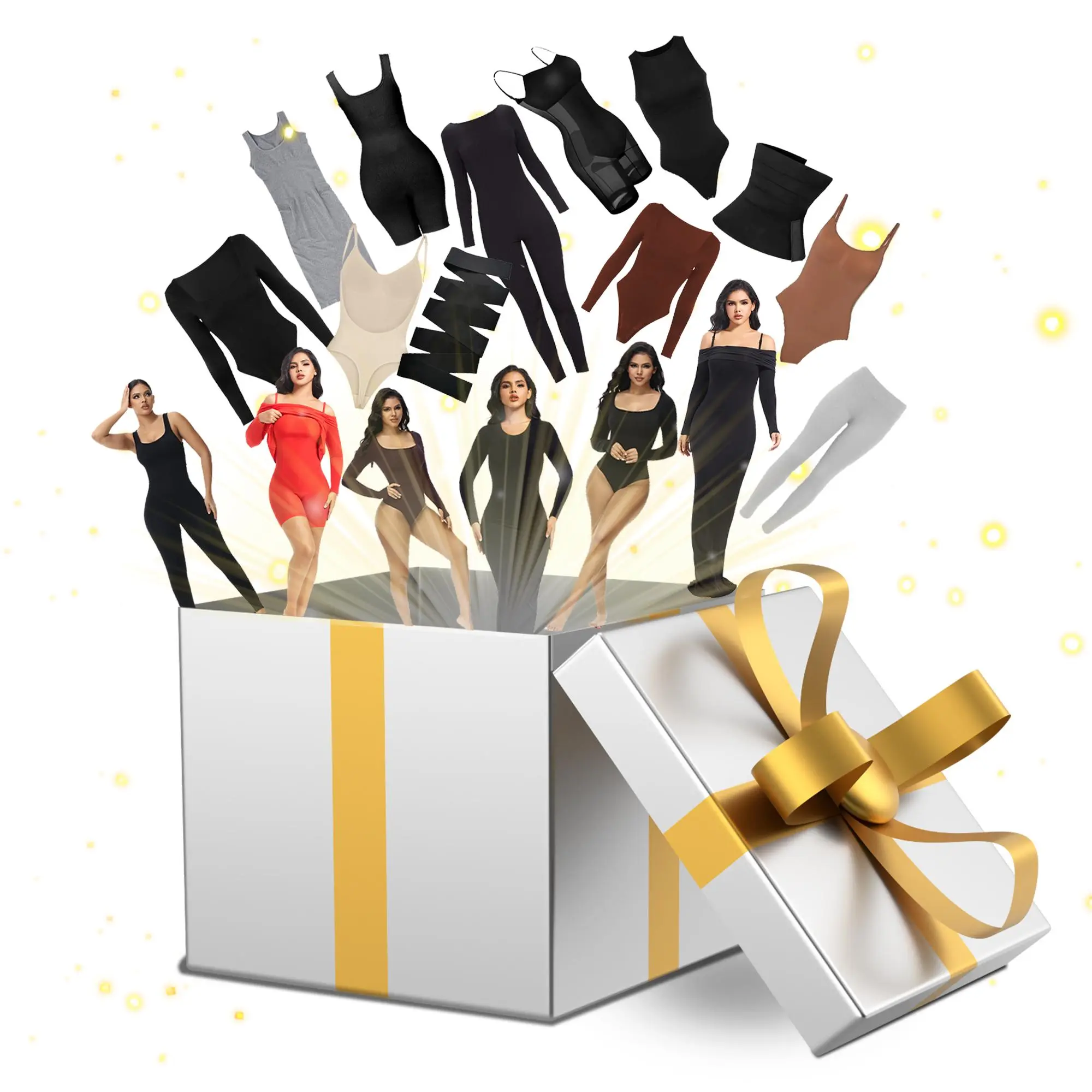 Soo Slick Mystery Box with 4 value items—bodysuit, playsuit, jumpsuit, waist trainers, wraps, leggings, shapewear, bralette. Stylish, chic & Versatile Skinny Bodysuit Casual Basic Tops