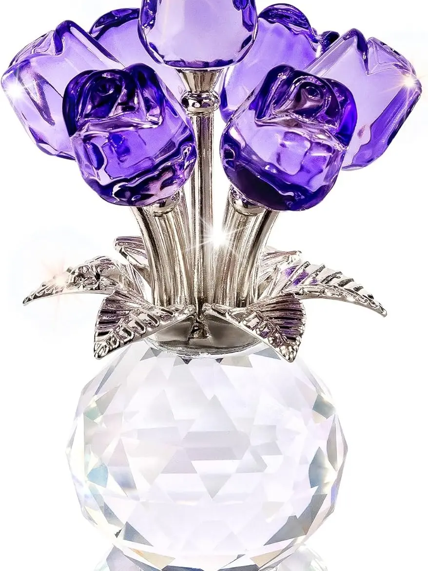 Crystal Purple Rose Statue, 4.7 * 2.8 inches (about 11.9 * 7.1 cm), Crystal Rose Flower Decorative Glass Flower Gifts for Women