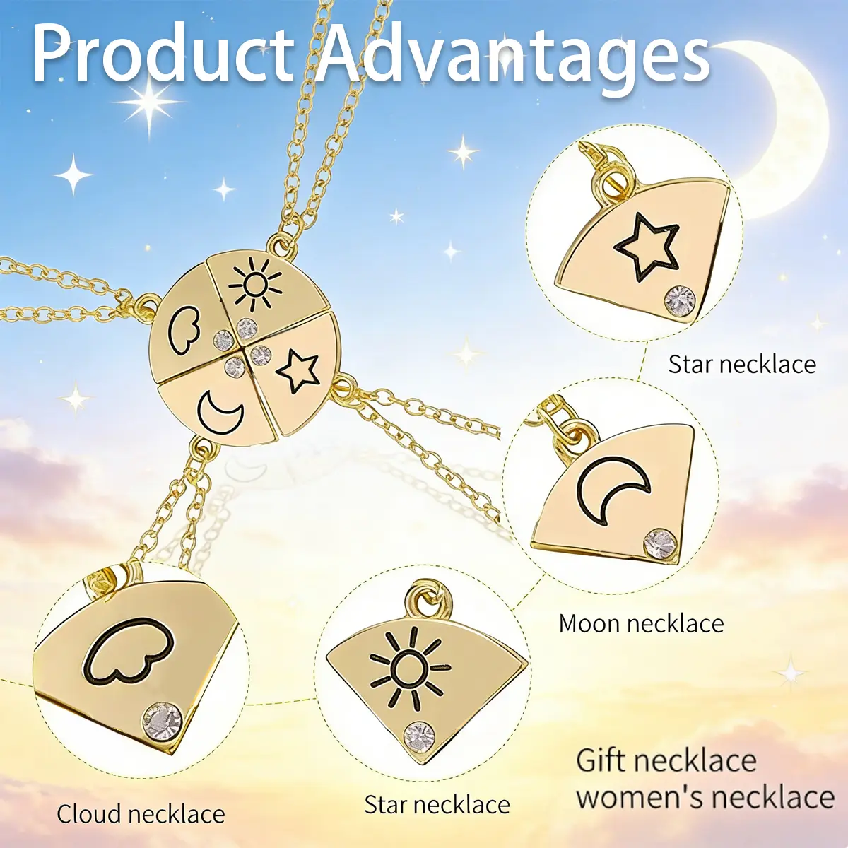Matching Sun, Moon, Star & Cloud Necklace Set for 4, Magnetic