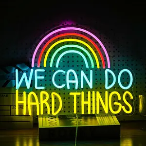 "We can do hard things" neon sign with letter rainbow pattern, USB powered dimmable LED light, coffee neon sign for wall decoration, coffee bar sign, kitchen