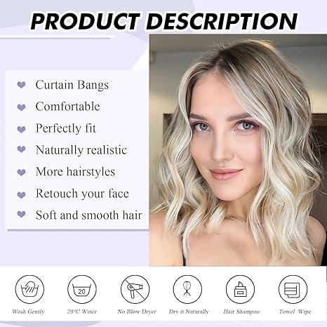 Platinum Blonde Bob Wig for Women Short Blond Wavy Wig with Bangs Natural Looking Synthetic Ombre Blonde Curly Wig for Daily Party Use（14inch）