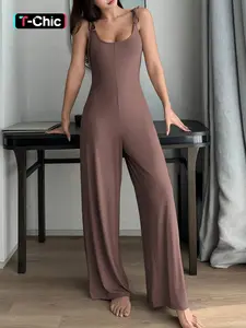 Women's Solid Scoop Neck Tie Shoulder Wide Leg Fitted Jumpsuit, Casual Sleeveless Cami Jumpsuit for Summer, Fashion Women's Clothing for Daily Wear, Elegant Casual Jumpsuit
