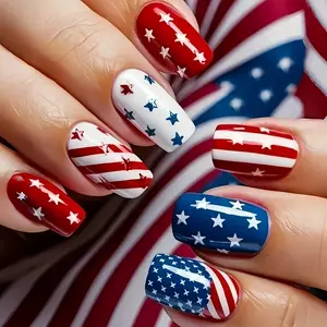 [24pcs Patriotic Nail Stickers] 24pcs Red White & Blue Patriotic Nail Stickers | Medium Length Square Glossy Finish Removable Fake Nails for 4th of July, Independence Day Nail Art Decorations