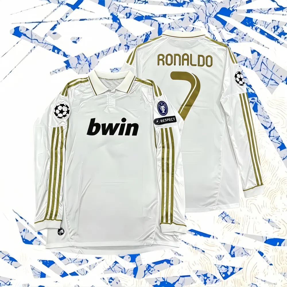 2011/12 Cristiano Ronaldo Home 7 Vintage White Gold Trim Long Sleeve Soccer Jersey