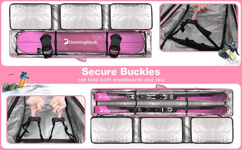 Rolling Ski Bags with Wheel, 155cm-175cm Padded Waterproof Snowboard Bag for Air Travel, Fits Single Ski & Skis with 3 Separation Storage, Unisex Adjustable Length, Pink