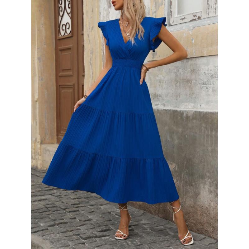 SHEIN Clasi Women Summer Solid Color V-Neck Cap Sleeve Waist Elastic Hem Elegant Dress With Ruffle Hem Maxi Women Outfit