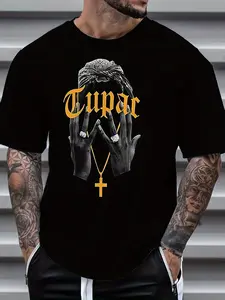 Men'S  Size  Print Black Short Sleeve T-Shirt with Bold "TUPAC" Lettering and Unique Hand Design - Spring/Summer Casual Streetwear Round Neck Polyester Tee
