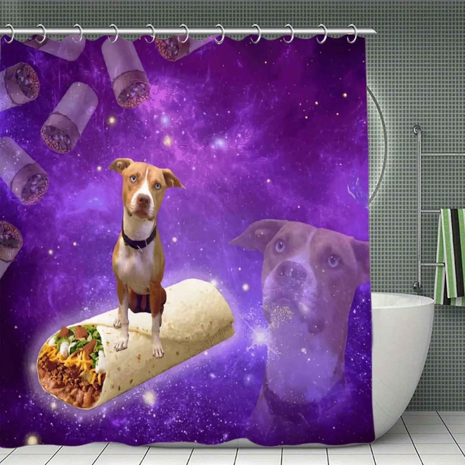 Galaxy Dog Burrito Print Waterproof Shower Curtain - Funny Space Food Bathroom Curtain with Hook Type Design for Bathtub, Bath Shower and Window Use