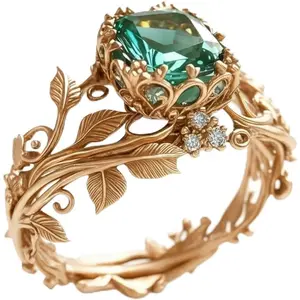 Ancient Totem Ring with Green Crystal, Vintage Leaf Vine Green Crystal Ring for Women and Men,Gothic Fantasy Nature Inspired Statement Ring for Cosplay and Daily Wear