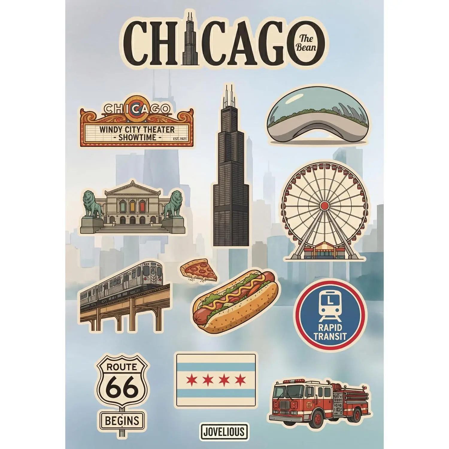 Chicago Sticker Sheet, A5 Matte Vinyl Kiss Cut Stickers, Designed in Brooklyn, Illinois