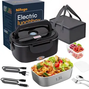 Nifogo 1.8L 304 Stainless Steel Electric Lunch Box Multi Voltage 110V12V24V Portable Fast Heating Insulated Food Warmer Leakproof With Fork Spoon Storage Bag