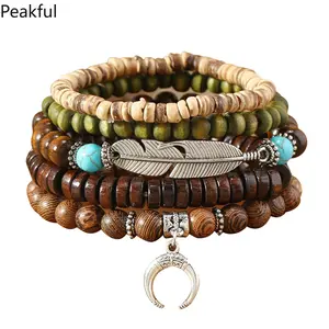 Bohemian Style Bracelet Set Artistic Retro Wooden Bead Multi-Layered Bracelet Fashionable Jewelry Accessory