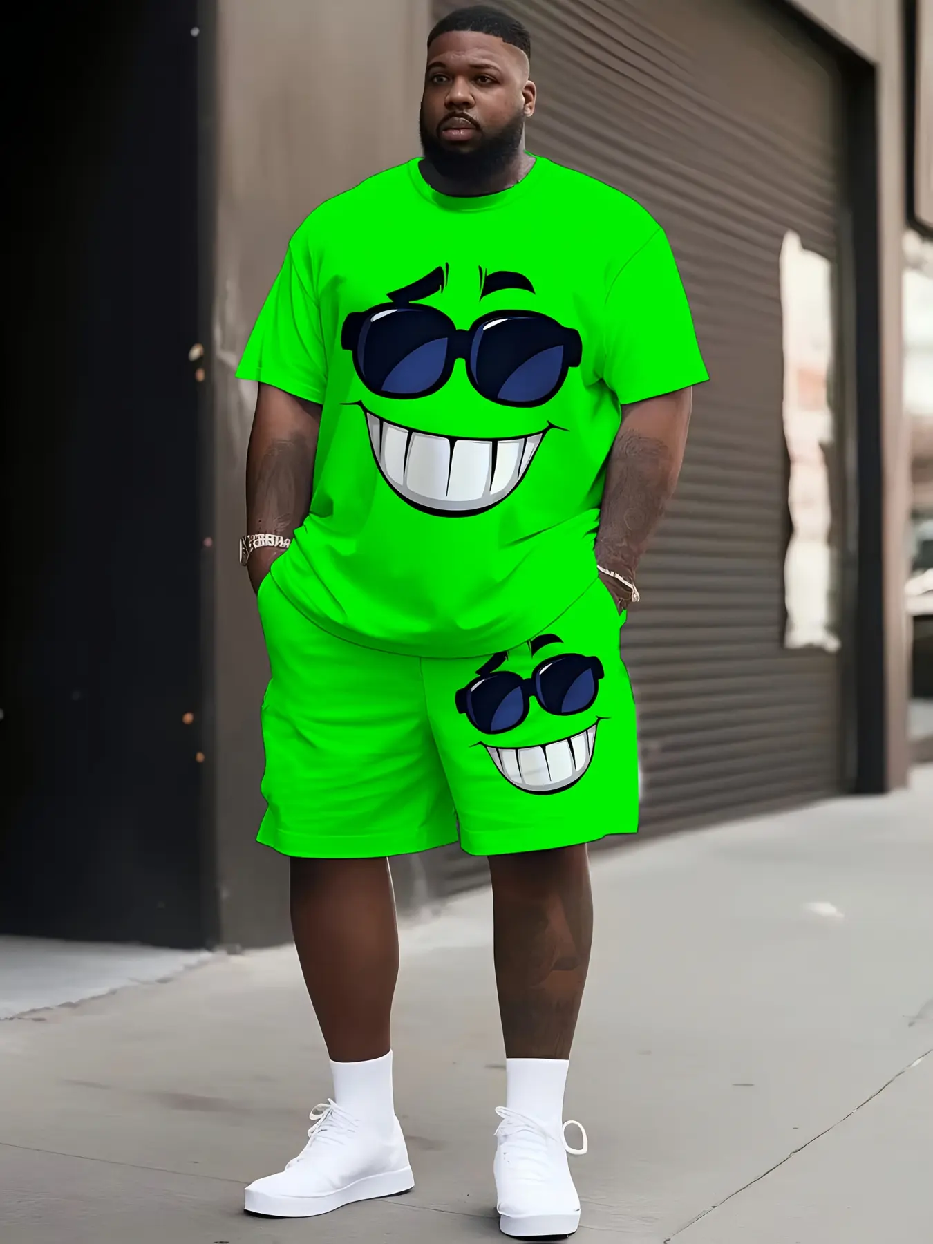 Men's oversized casual breathable round-neck short-sleeved shorts set Clothes, featuring 3D cartoon patterns, in extra-large size Tropical
