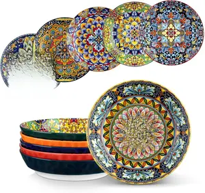 Vancasso SIMI Series 32 Oz Pasta Bowls Sets of 6 Ceramic Large Colorful Salad Serving Bowls for Kitchen Dishwasher & Microwave Safe Soup Pasta Plates Vibrant Bohemian Design