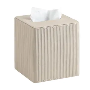 Tissue Box Cover Square with Magnetic Closure, PU Leather Tissue Box Holder for Bathroom NightStands Livingroom, Decorative Modern Square Tissue Holder (Beige)