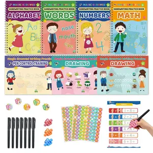 Large Size Magic Writing Practice Gift Set, 7PCS Workbooks for Letters, Words, Numbers, Math, Pen Control & Drawing, 7 Magic Erasable Ink Pens, 3 Silicone Pencil Grips & 2 Reward Stickers, Perfect Gift for Kids