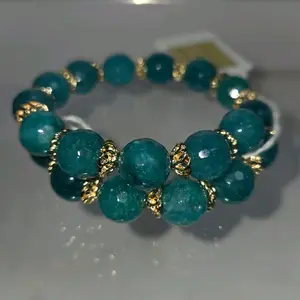 Memory Wire Bracelet Jade Crystals with Gold Accents and Smooth Beads for Everyday Wear