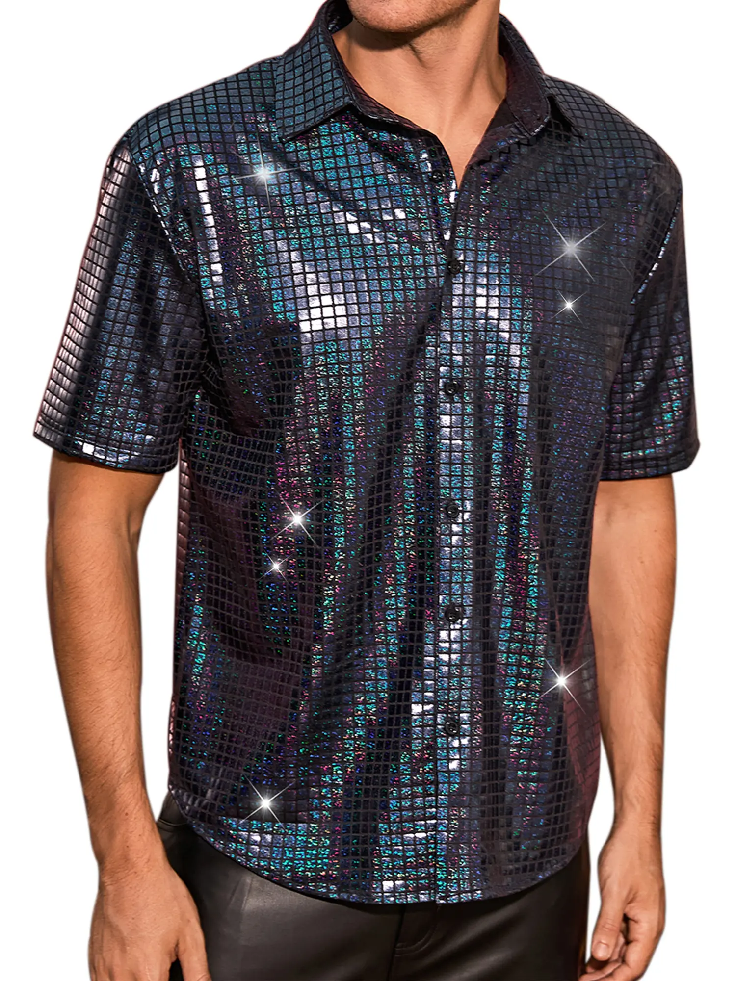 INSPIRE CHIC Metallic Shirts for Men's Button Down Short Sleeve Nightclub Prom Party 70s Disco Shiny Shirt