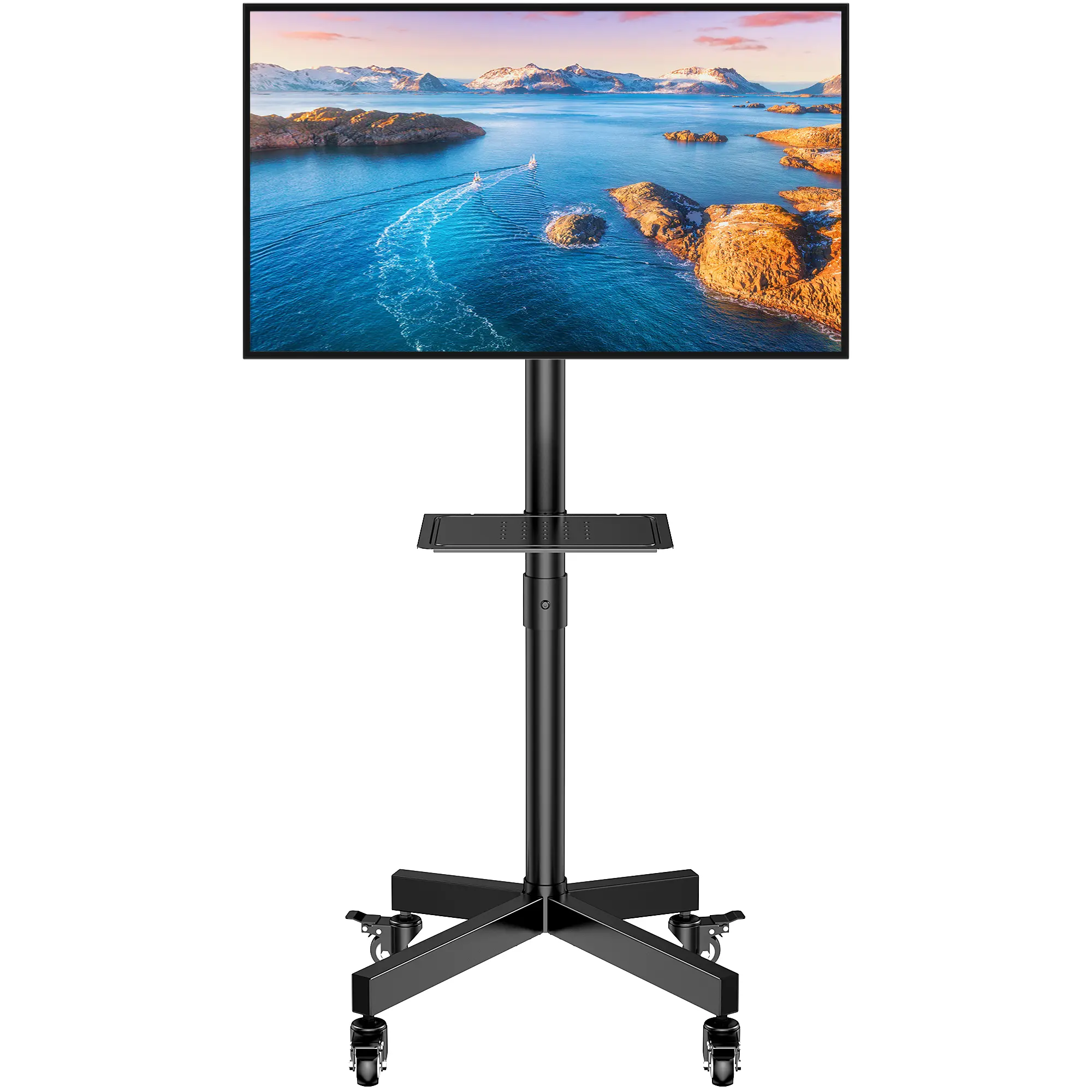 Forged Mobile TV Stand for 23-65-inch LCD/LED flat-panel/curved TVs. This 15° tilt TV cart supports up to 88 lbs. The portable stand includes a laptop holder, rolls to the floor, swivels, and supports VESA resolutions up to 400x400 mobile tv cart