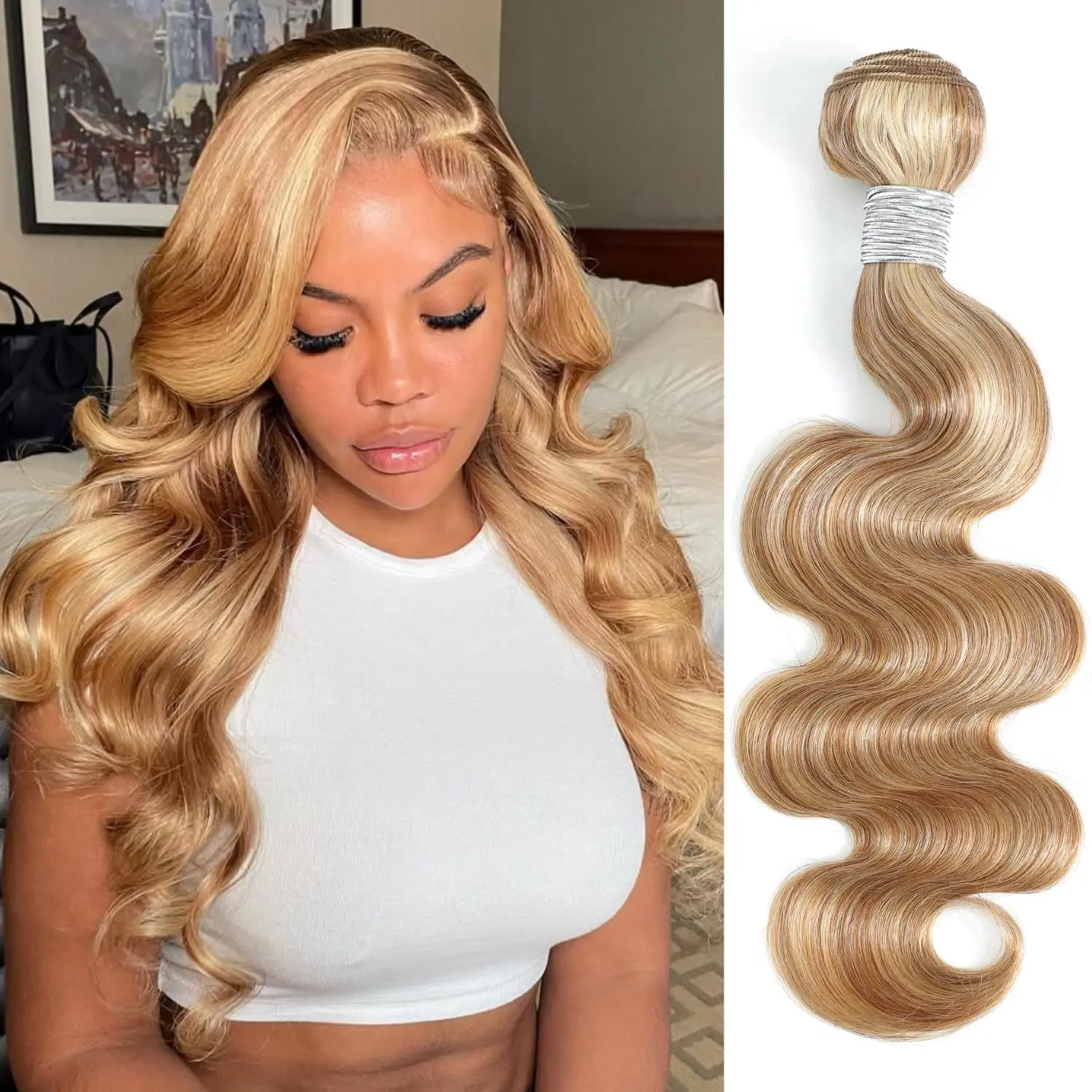ALHER 27/613 Blonde Highlight Bundle Human Hair Body Wave 26 Inch, 13A #F27/613 Highlight Blonde Human Hair Single Wavy Bundle Body Wave Soft Healthy 100% Unprocessed Virgin Hair Weave Extensions