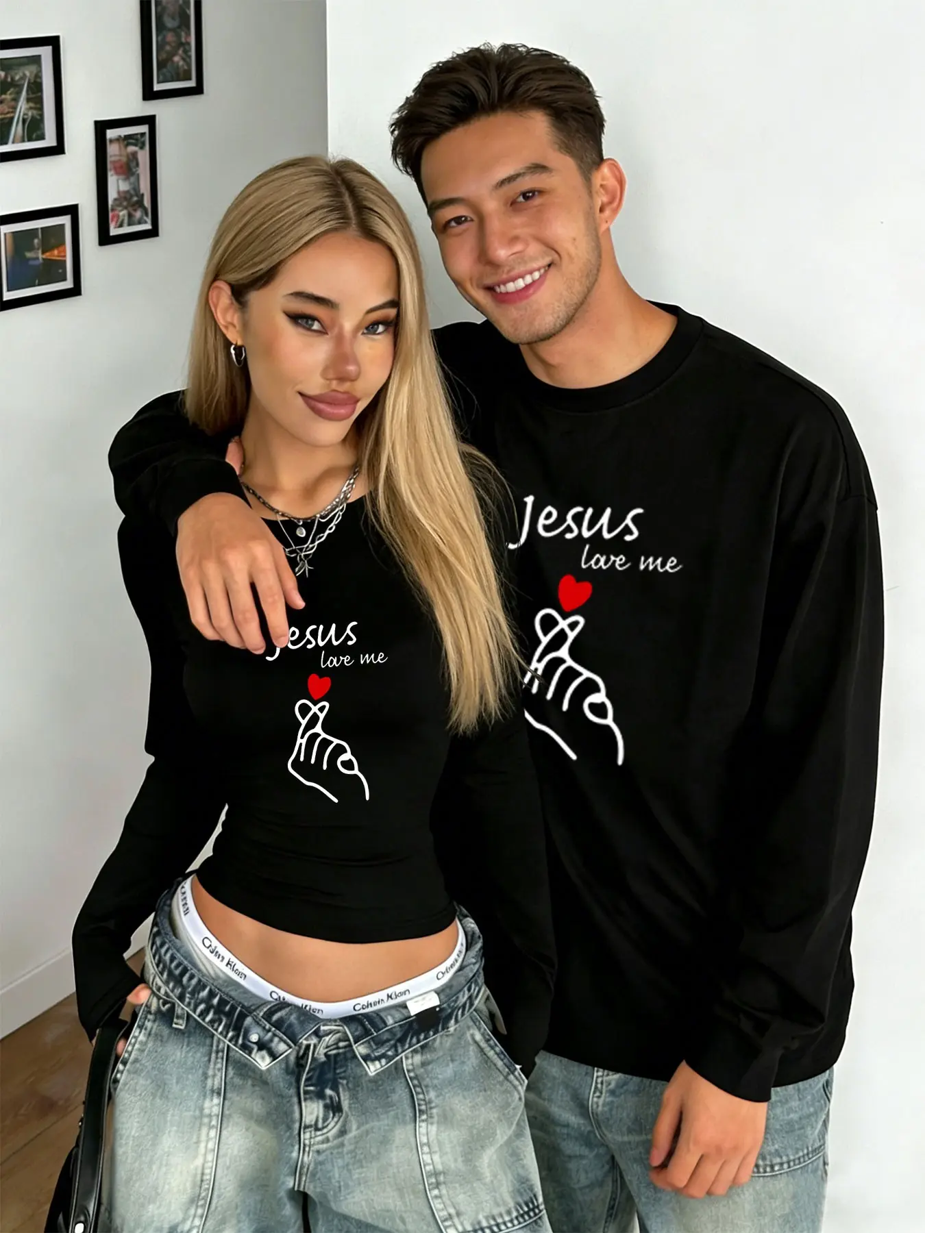 Valentine's Day Couple, Casual Loose-Fitting Heart Pattern Two-Piece Set, Perfect for Dating & Street Style